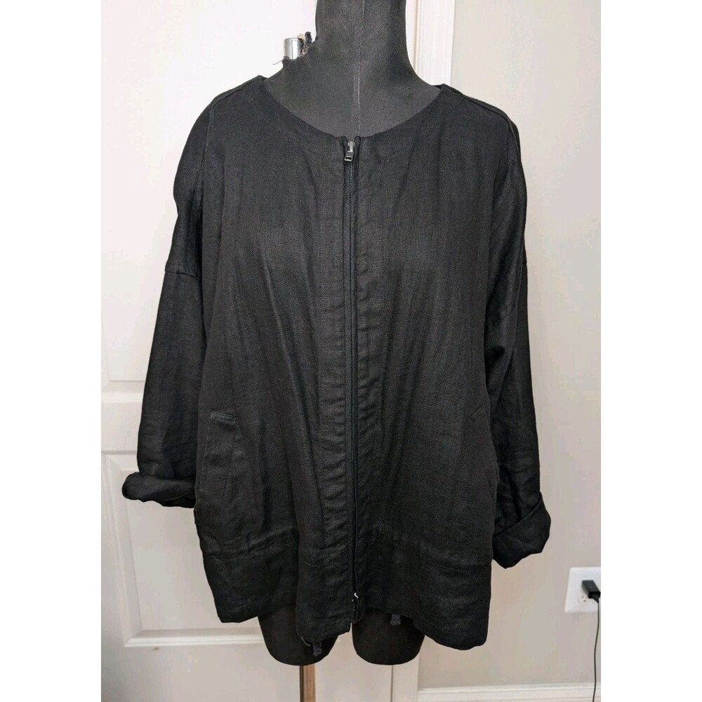 Eileen Fisher 100% Organic Linen Zip Up Oversized Black Jacket Size Medium